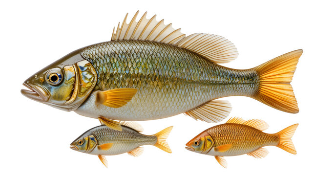 Side view of multiple species of fish including Zingel asper isolated on transparent background with studio lighting highlighting their features and colors