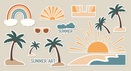 Obraz premium A vibrant summer art collage featuring palm trees sunshine and beachy elements on a beige background with colorful graphics and text, Generative AI.