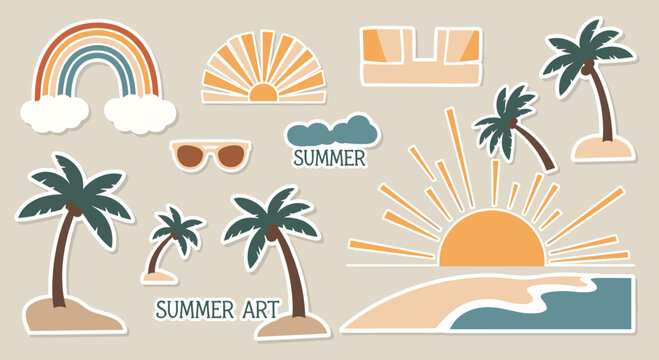 A vibrant summer art collage featuring palm trees sunshine and beachy elements on a beige background with colorful graphics and text, Generative AI.