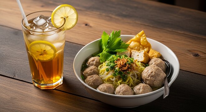 Warm Indonesian bakso meatball soup paired with refreshing iced lemon tea in rustic setting.