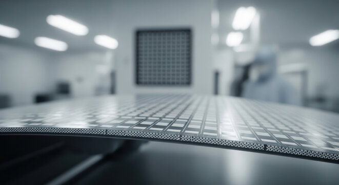 Close-up of a metal grid surface in a blurred industrial setting with fluorescent lighting.