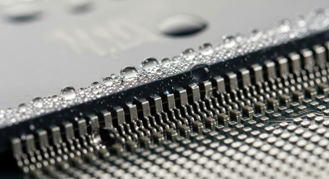 Close-up of a computer microchip with water droplets on its surface against a blurred