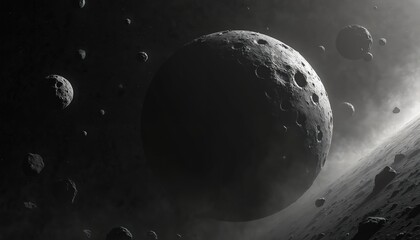Naklejka premium Giant cratered planet or asteroid looms in dark space. Many smaller rocks drift nearby. Cosmic dust and gas clouds swirl around celestial bodies.