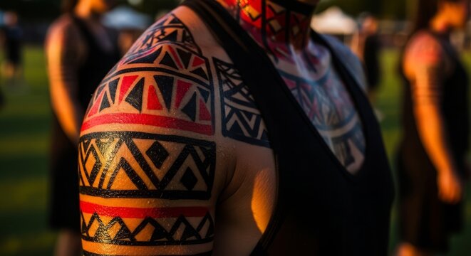 Pintados-Kasadyaan rehearsals, A detailed close-up of a dancer's shoulder and arm featuring intricate geometric tribal body paint