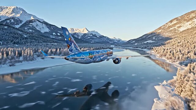 Commercial airplane flying low over frozen lake surrounded by snow-covered mountains at sunset.