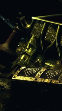 A treasure chest is open to reveal coins inside. The chest has ornate designs. The setting is dark, and other items are scattered on the table around it.