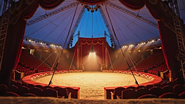 Interior view of an empty circus tent with spotlight on the center stage.