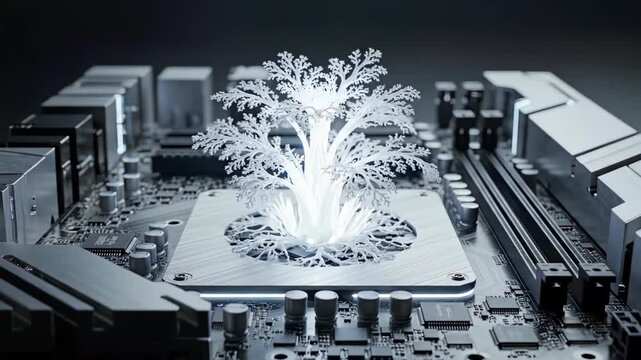 Futuristic digital tree growing from a computer chip symbolizing technology and innovation.
