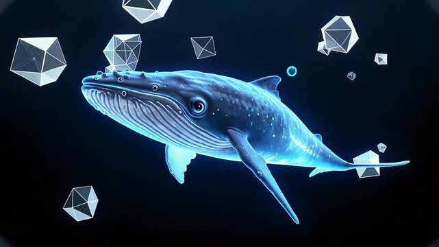 Digital illustration of a blue whale surrounded by floating geometric shapes in a dark background.