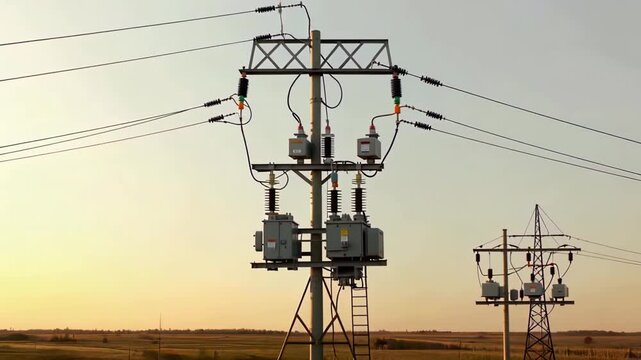 Electrical power transformers and transmission lines in a rural landscape during sunset.