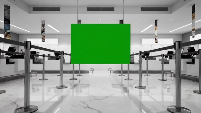 Empty airport security checkpoint with green screen display in modern terminal.