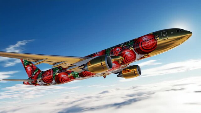Commercial airplane with vibrant red rose floral design flying above clouds.