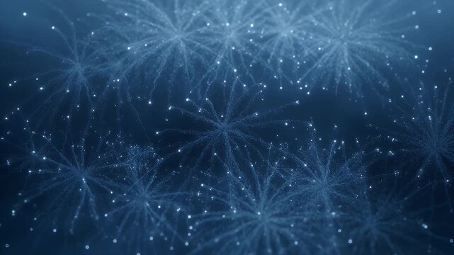 Abstract blue particles form glowing starbursts and trails against a dark background