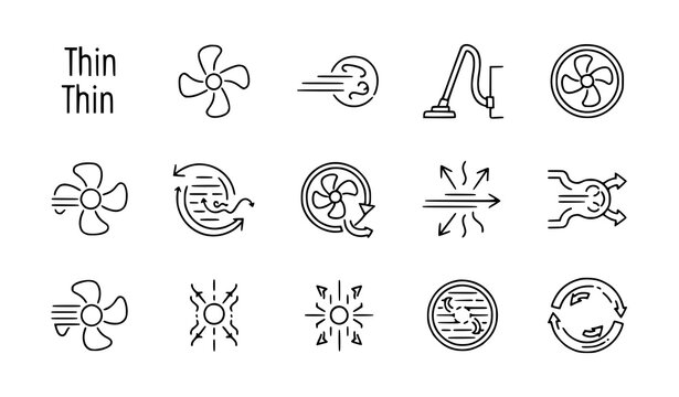 Air suction icons set thin to bold stroke airflow ventilation vector