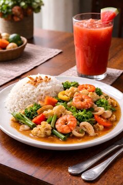 Nasi Capcay Stir Fry Vegetables with White Rice and Watermelon Juice on Dining Table