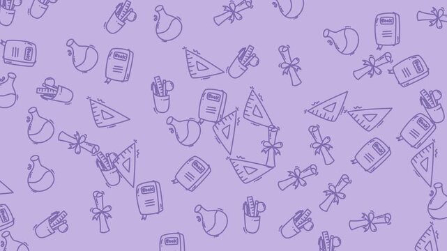 Purple background with scattered school supply outlines. Suitable for educational or stationerythemed designs, backtoschool promotions, or office materials.