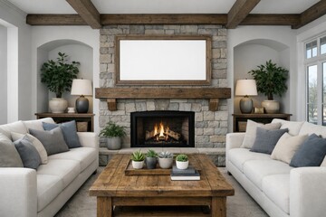Fototapeta premium Cozy livingroom interior with fireplace and blank wall frame. Ai generative