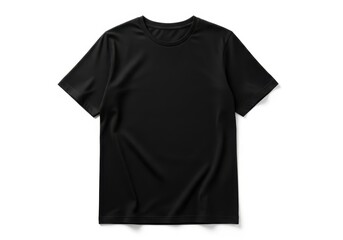 Fototapeta premium A crumpled black t-shirt is displayed on a white background for product showcase.