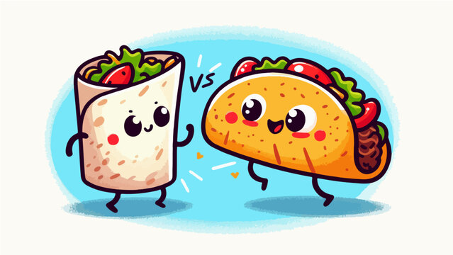 Cute Kawaii Burrito vs Taco Cartoon Characters &mdash; Funny Mexican Food Mascot Illustration