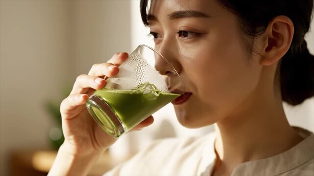 Woman drinking green tea from a glass cup in a bright room
