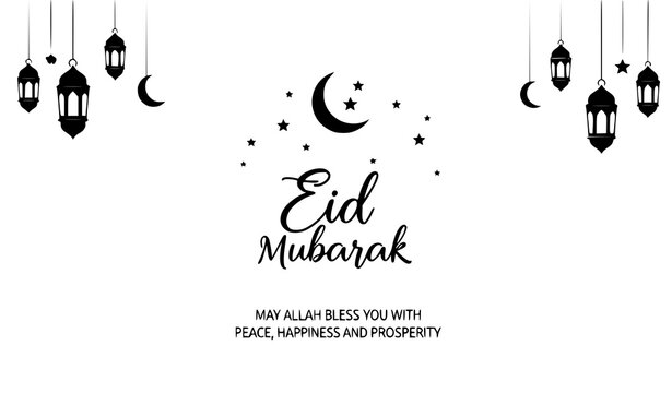 Eid Mubarak Social Media Vector with Islamic Blessings, Mosque, Crescent Moon, and Lantern Artwork