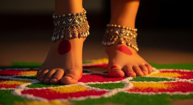 Raja Sankranti, a woman's feet decorated with traditional red Alalta and intricate silver anklets, stepping on a floral Rangoli