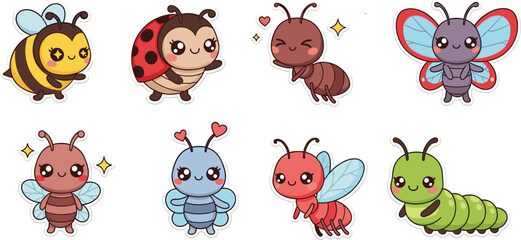Fototapeta premium Cute Insect Cartoon Characters Collection with Bee Ladybug Butterfly Caterpillar and Ant Kawaii Mascot Set for Kids Design, Nature Illustration, and Playful Stickers