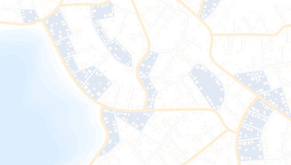 Obraz premium Top down view of coastal city map with streets and building zones in pale colors. Vector illustration.