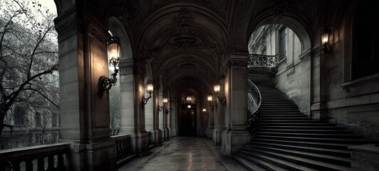 Fototapeta premium A dimly lit ornate corridor with arches, warm lighting, and a spiral staircase at its end, exterior scene