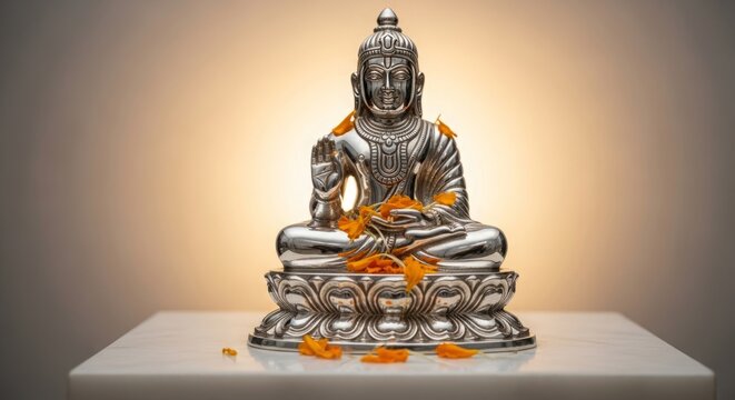 Rohini Vrat, A close-up of a polished silver Tirthankara idol placed on a white marble pedestal, decorated with fresh orange marigold petals and sandalwood paste