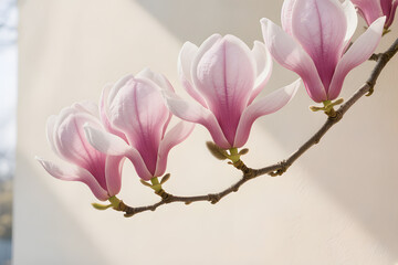 Obraz premium Soft pink magnolia blossoms on branch isolated on light neutral background