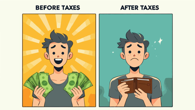 Comparison between a cheerful man holding plenty of cash before taxes and a disappointed man looking at an empty wallet after taxes