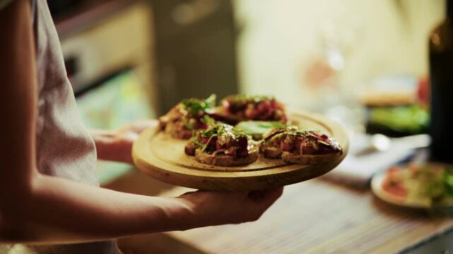 Italian Sandwiches With Fresh Herbs And Meat. Snacks For Party. Homemade Toasts With Toppings