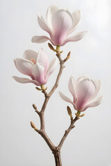 Naklejka premium Soft pink magnolia blossoms on branch isolated on light neutral background