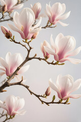 Obraz premium Soft pink magnolia blossoms on branch isolated on light neutral background