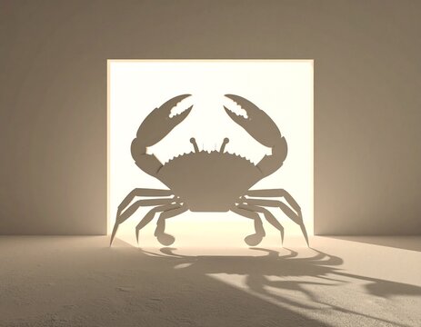 Silhouette crab on a glowing white background with dramatic lighting and shadow with shadow play