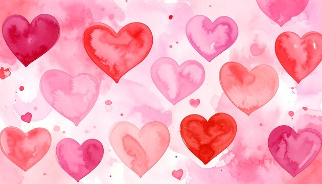 A watercolor pattern of multiple red and pink hearts on a pink background