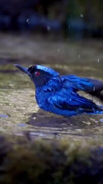 Striking iridescent blue bird with vibrant red eye meticulously taking a refreshing bath in shallow moving water splashes across its wet plumage creating delicate droplets in the forest environment