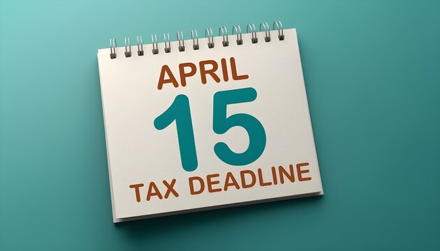 A calendar notepad with April 15 tax deadline written on it