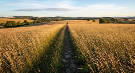 Obraz premium Path Through Golden Wheat Field Under Blue Sky.
