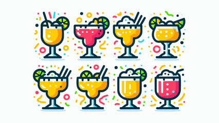 Fototapeta premium Colorful Set of Festive Cocktail and Margarita Glass Illustrations with Citrus Garnishes and Confetti Elements