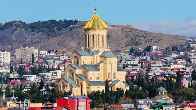 4K aerial drone footage of the Holy Trinity Cathedral of Tbilisi, one of the largest Orthodox cathedrals in the world, Georgia._009