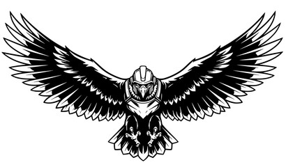 Fototapeta premium Flying Eagle Warrior with Military Helmet Black and White Vector Illustration