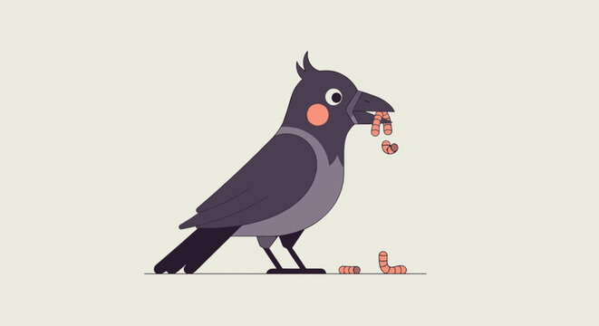 A stylized crow holding worms in its beak, with worms also on the ground