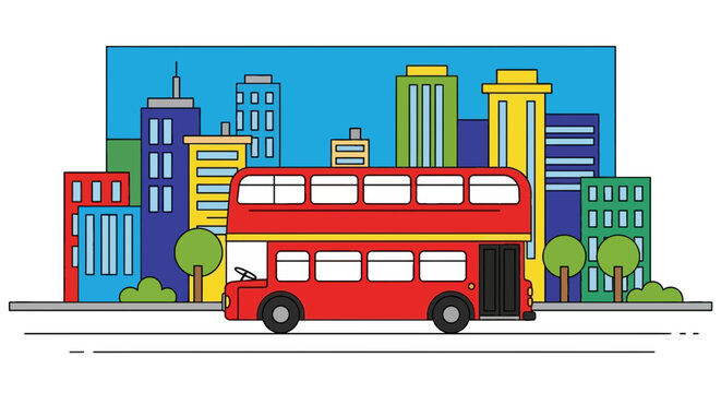 A red double-decker bus drives on a street, city skyline backdrop. Simple vector art