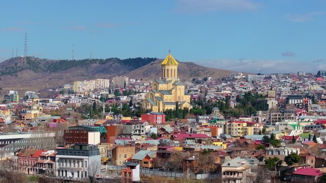 4K aerial drone footage of the Holy Trinity Cathedral of Tbilisi, one of the largest Orthodox cathedrals in the world, Georgia._010