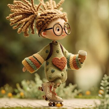 Una ni&ntilde;a patinando con un caf&eacute; caliente en un d&iacute;a soleado.