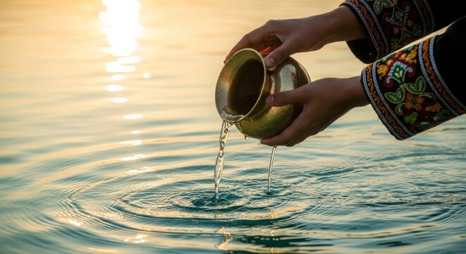 Sindhu Darshan Festival, Close-up shot of hands pouring sacred water from a polished brass vessel into the turquoise Indus River, golden sunlight reflecting on water ripples