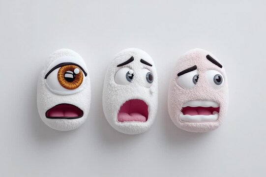 Tres figuras de peluche con expresiones de miedo y sorpresa.