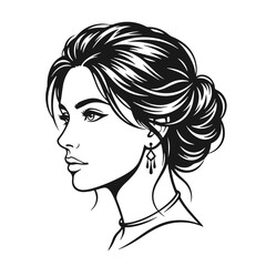 Fototapeta premium Female profile portrait, beauty concept, hairstyle art. Clean black and white line drawing, isolated female profile, beauty portrait